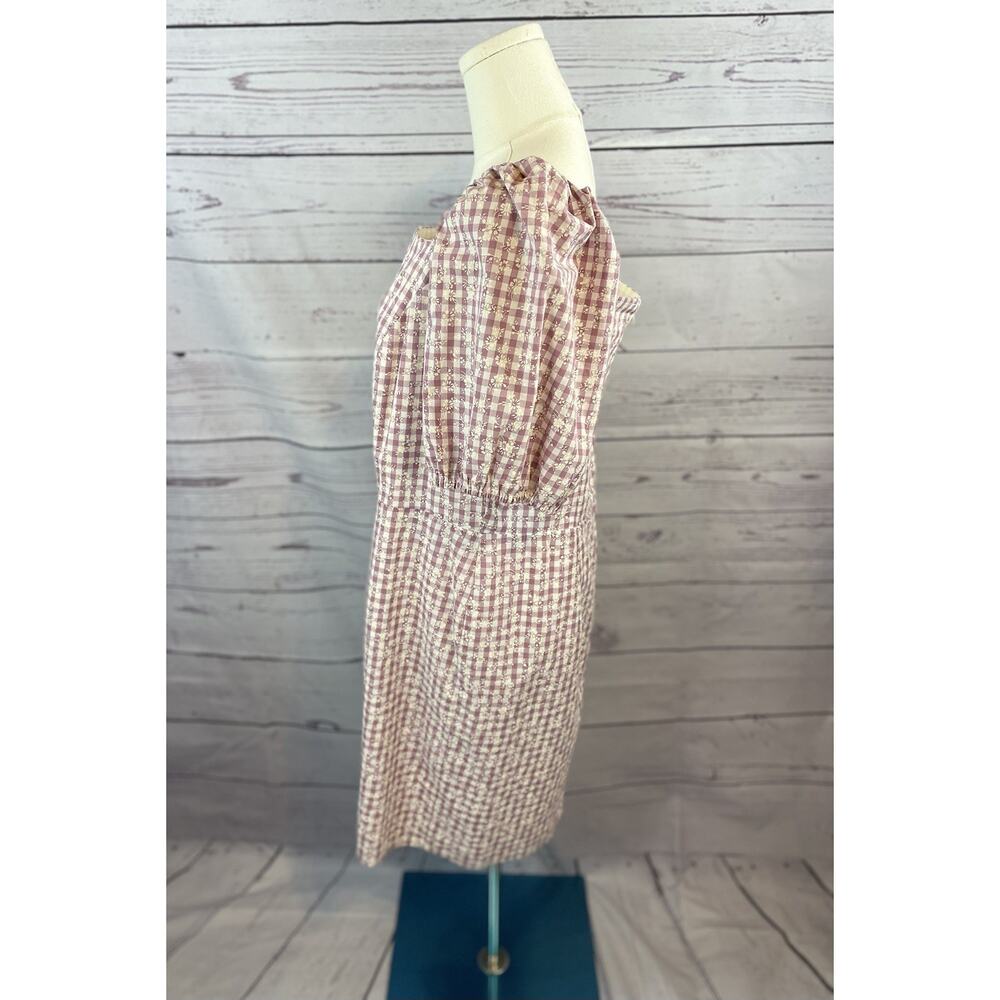 LOFT Outlet Floral Gingham Dress Size 14 Mauve Cream Puff Sleeve Cottagecore - Picture 2 of 6